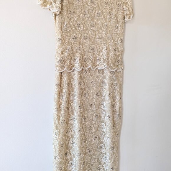 80s Beige Beaded Prom Dress Peplum Dress Floral Lace Formal Gown Vintage Dress - Picture 8 of 14